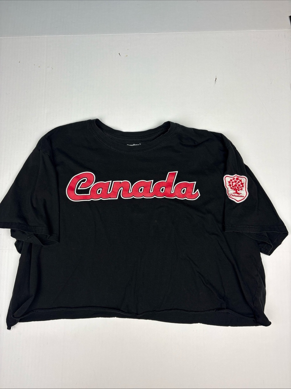 Canadiana Women 2XL Shirt Blue Red White Patch Sleeve Cut Off DIY Cotton Blend